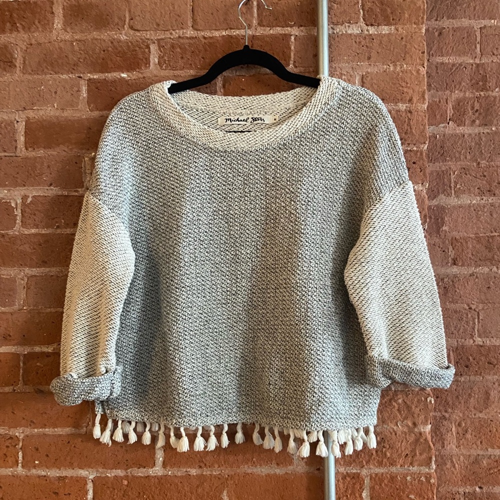 EUC Michael Stars Quarter Sleeve Crop Sweater with Tassles, black & cream, M